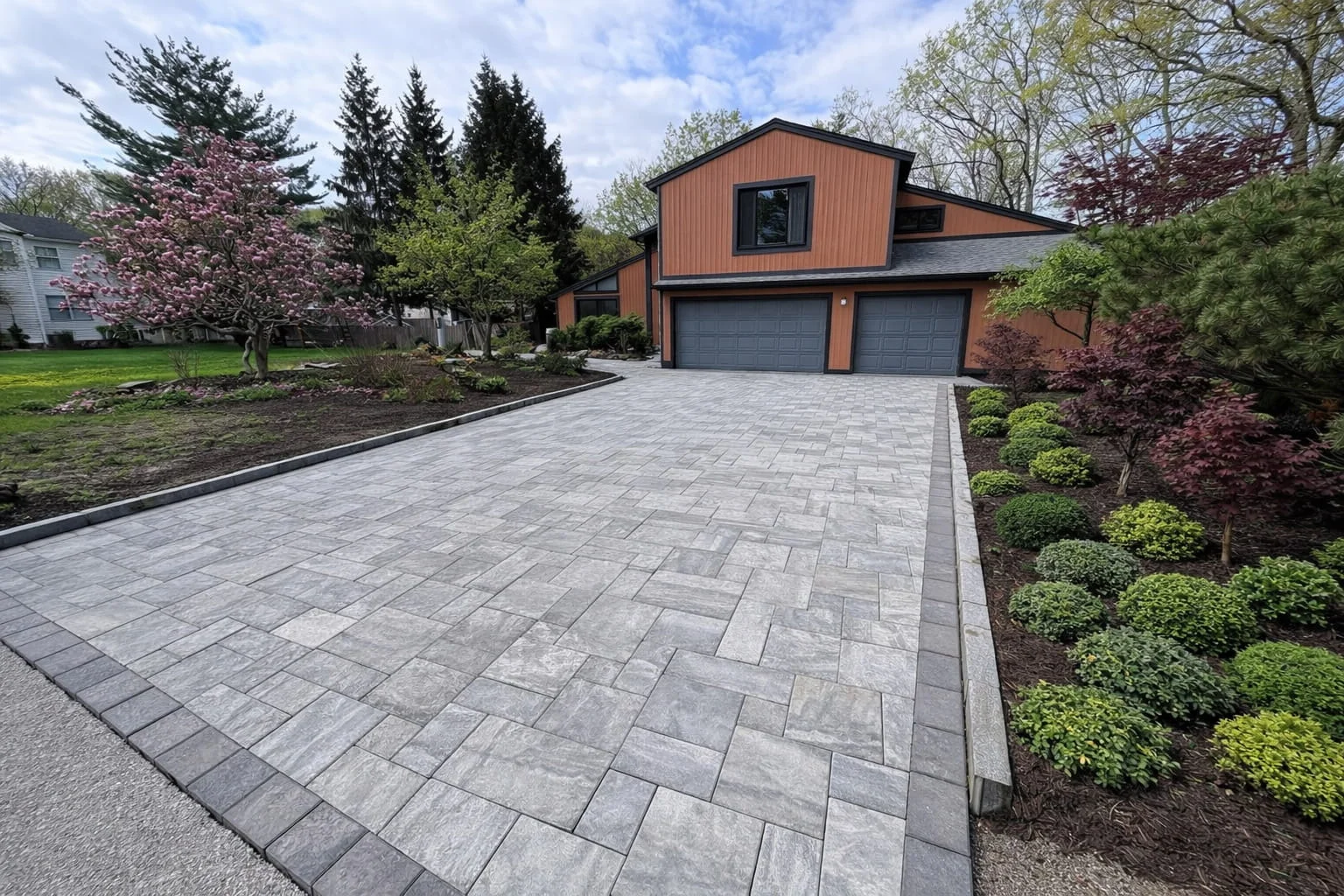 Modern house with wide stone paver driveway, landscaped garden beds, and two-car garage.