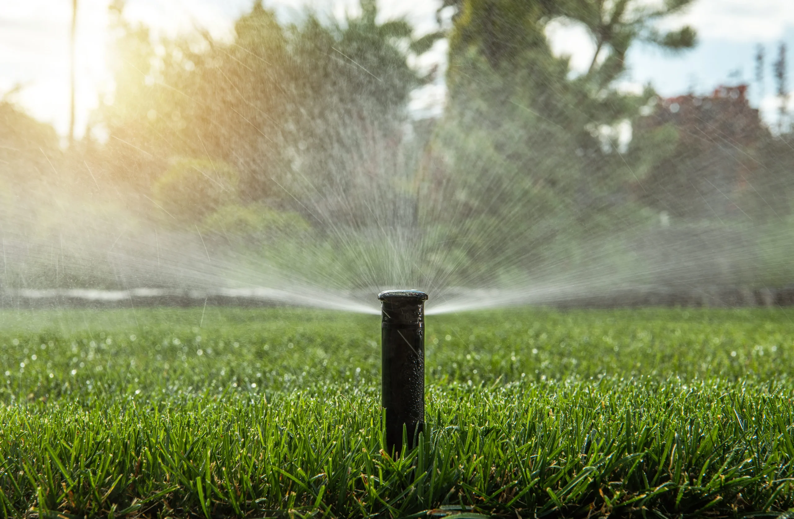 Automatic lawn sprinkler spraying water across green grass in a residential garden irrigation system.