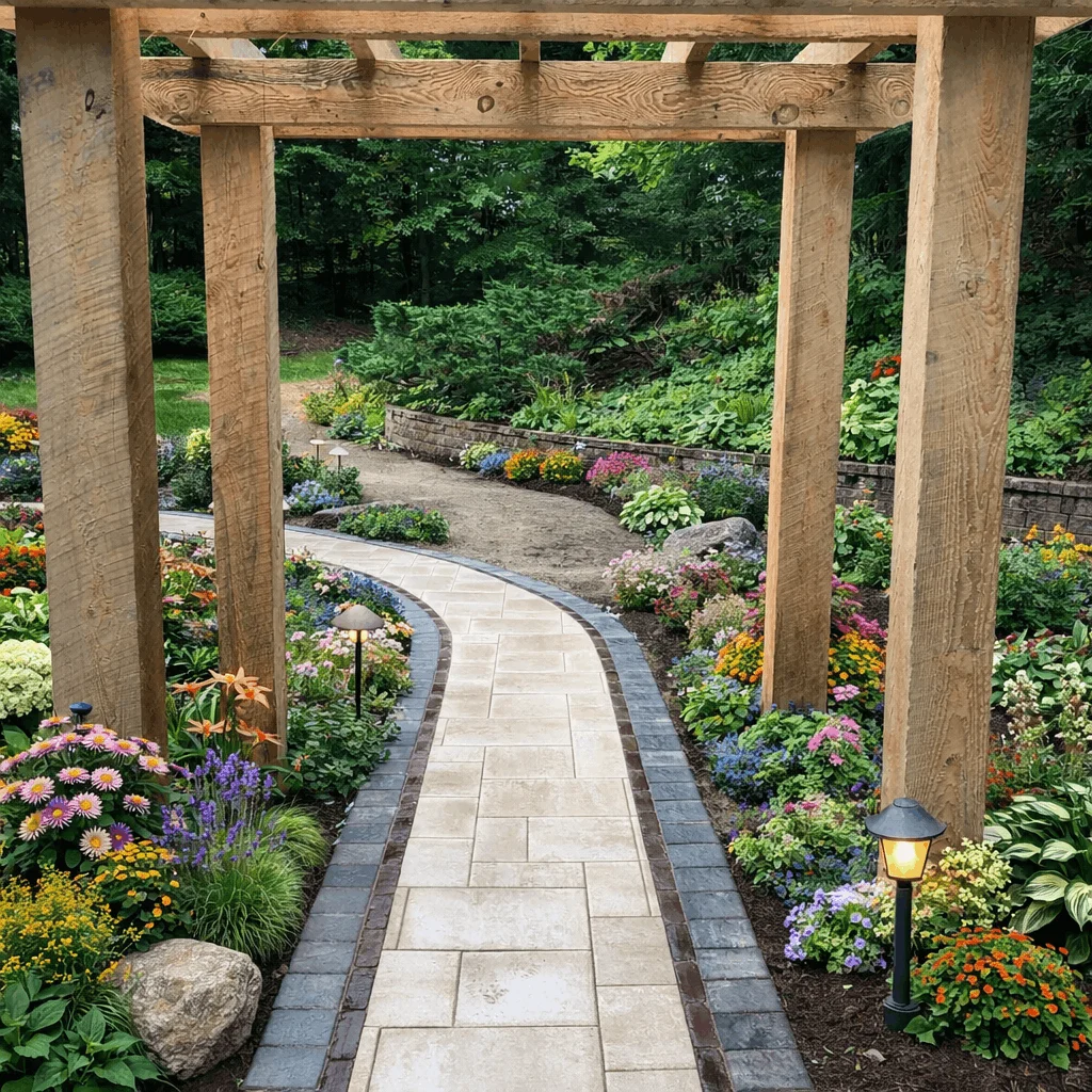 Paver walkway leading through landscaped garden with pergola structure and pathway lighting.
