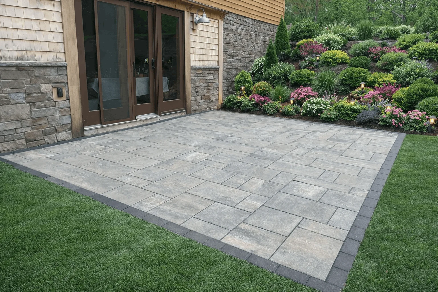 Gray paver patio with dark border next to house and landscaped flower garden.