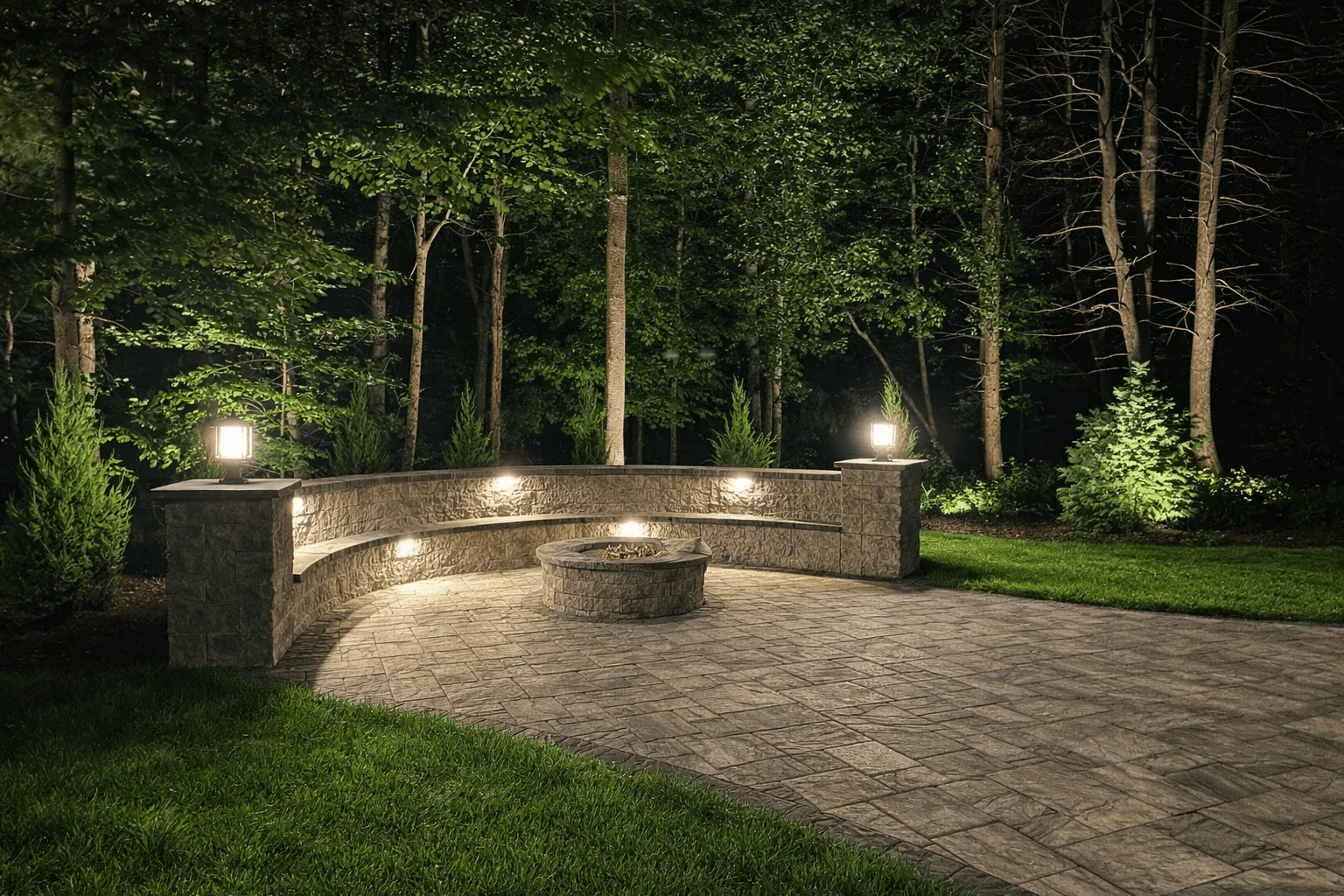 Backyard patio with fire pit, stone seating wall, and soft landscape lighting among trees.
