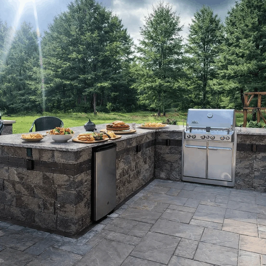 Outdoor stone kitchen with stainless steel grill, mini refrigerator, and countertop serving food on a patio.