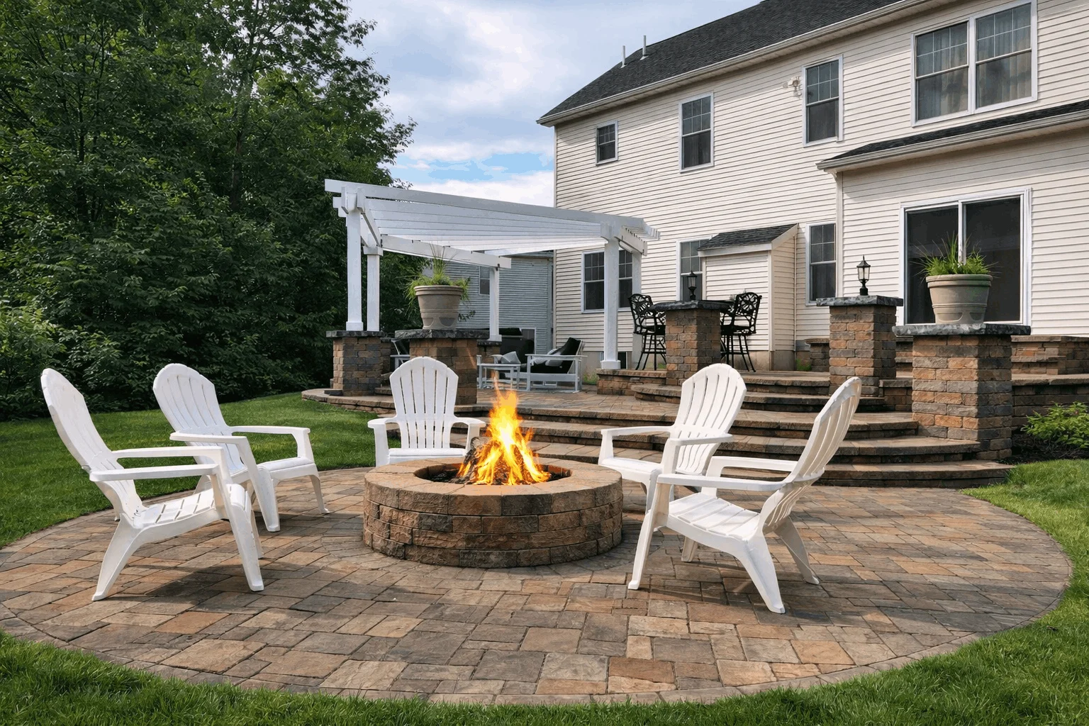 Stone patio with a circular fire pit surrounded by white chairs and a pergola seating area behind the house.