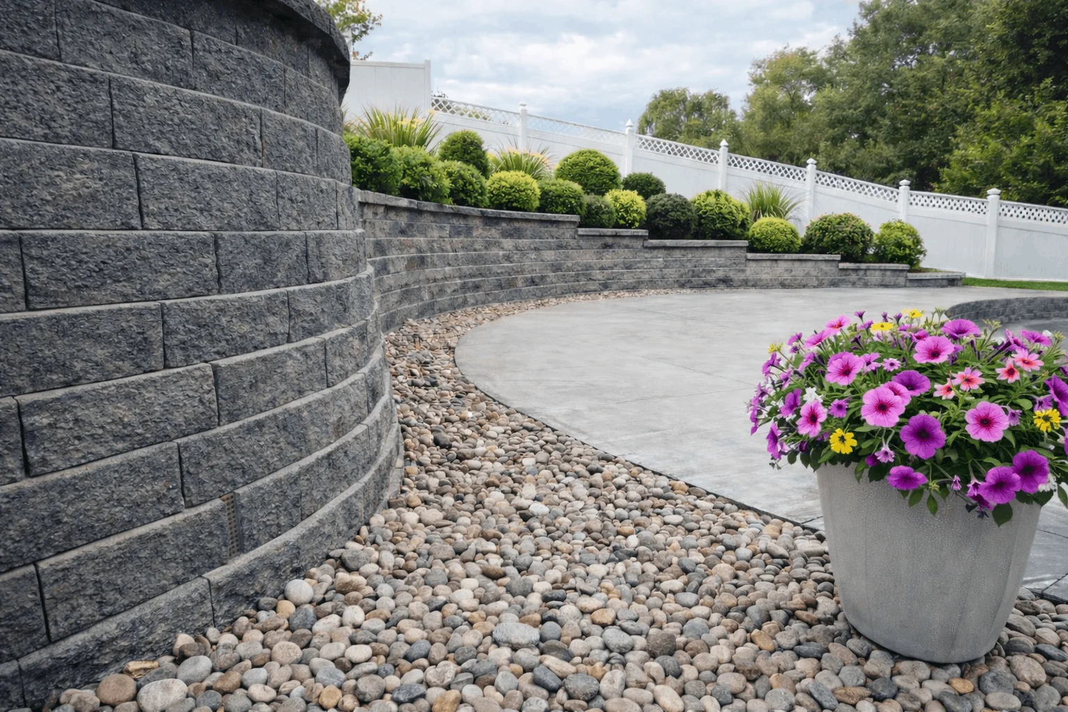 Curved retaining wall with landscaped planting bed and decorative stone border