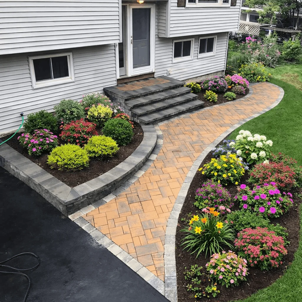Curved paver walkway with stone steps leading to home entrance, bordered by colorful flower beds and retaining walls