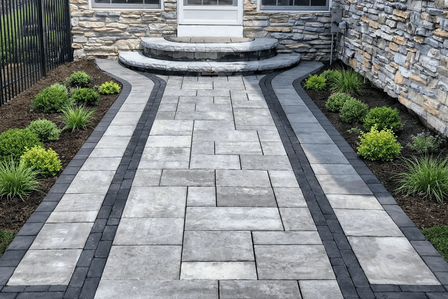 Symmetrical front path with large stone pavers, dark edging, and landscaped beds on both sides