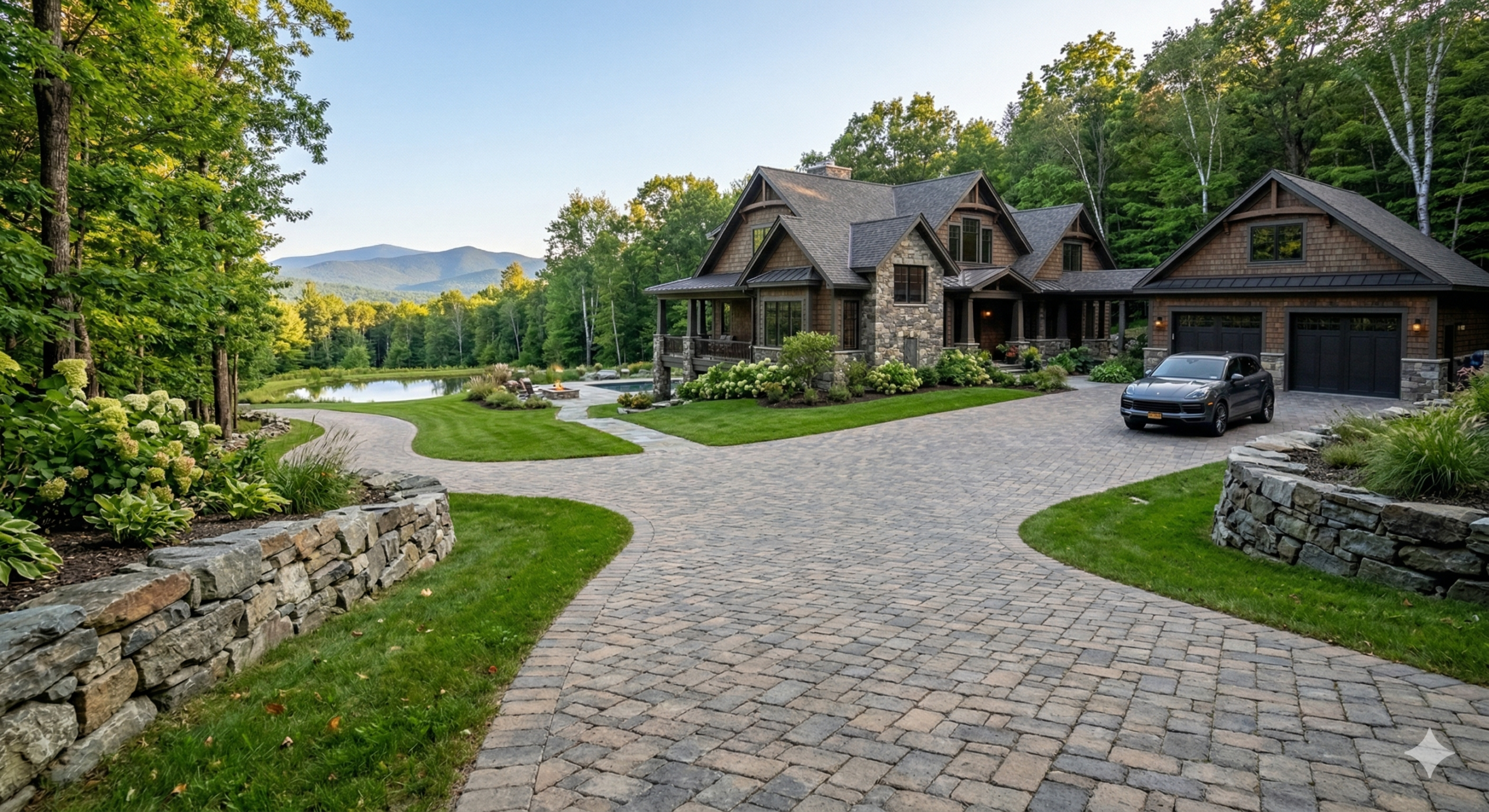 paver driveway with beaufil landscaping and home in the back