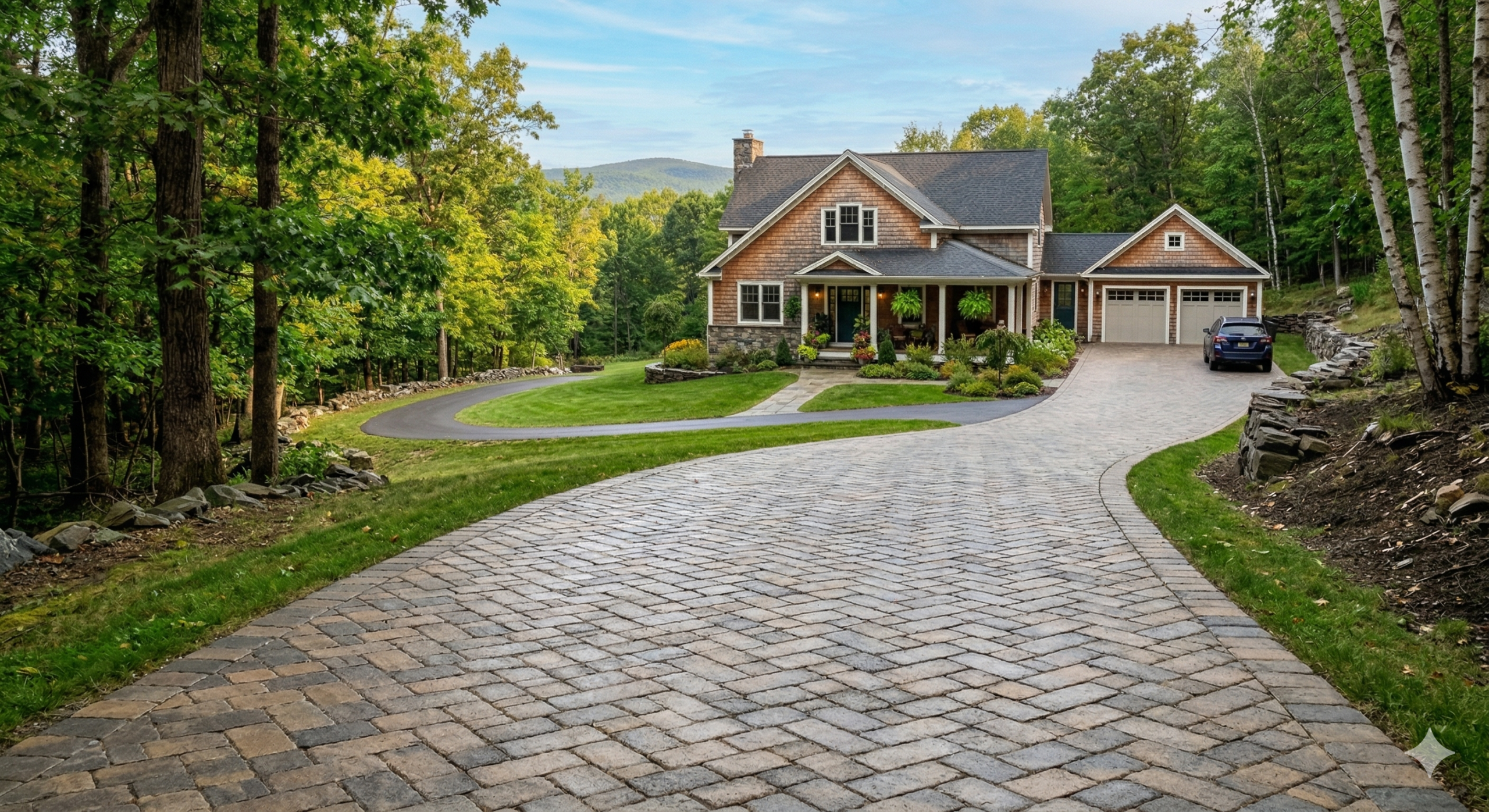 drivaway leading to a beautiful home
